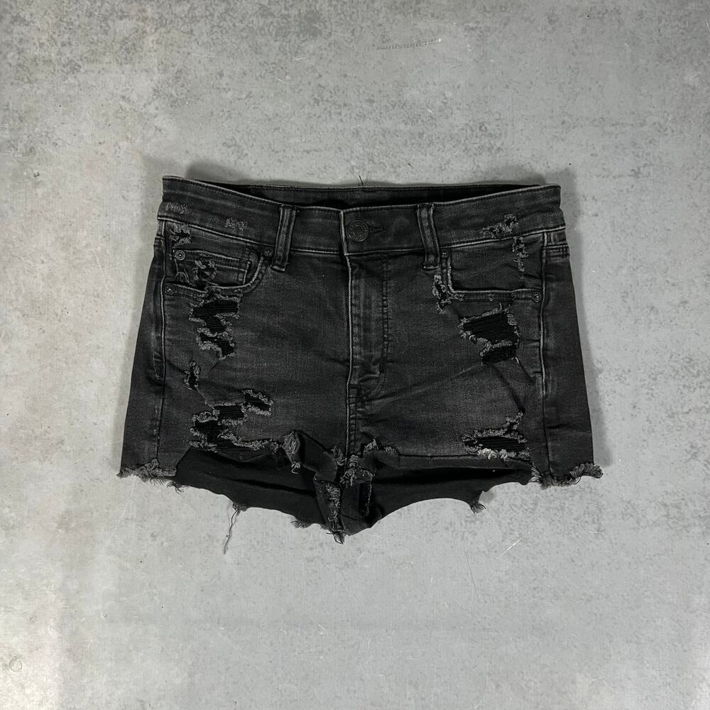 American Eagle Hi-Rise Shortie Women's Distressed Black Shorts Stretch Size 8